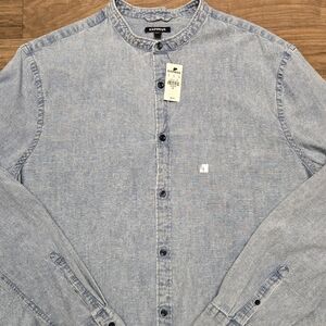Nwt! Express men's Light Chambray Banded Collar Button Down Shirt Sz Xl